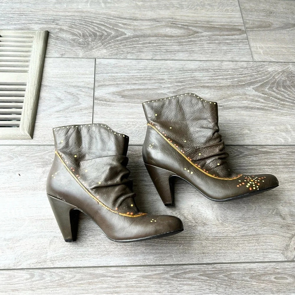 Roberto Vianni Brown Leather Printed Heeled Slouchy Ankle  Boots - Picture 4 of 15